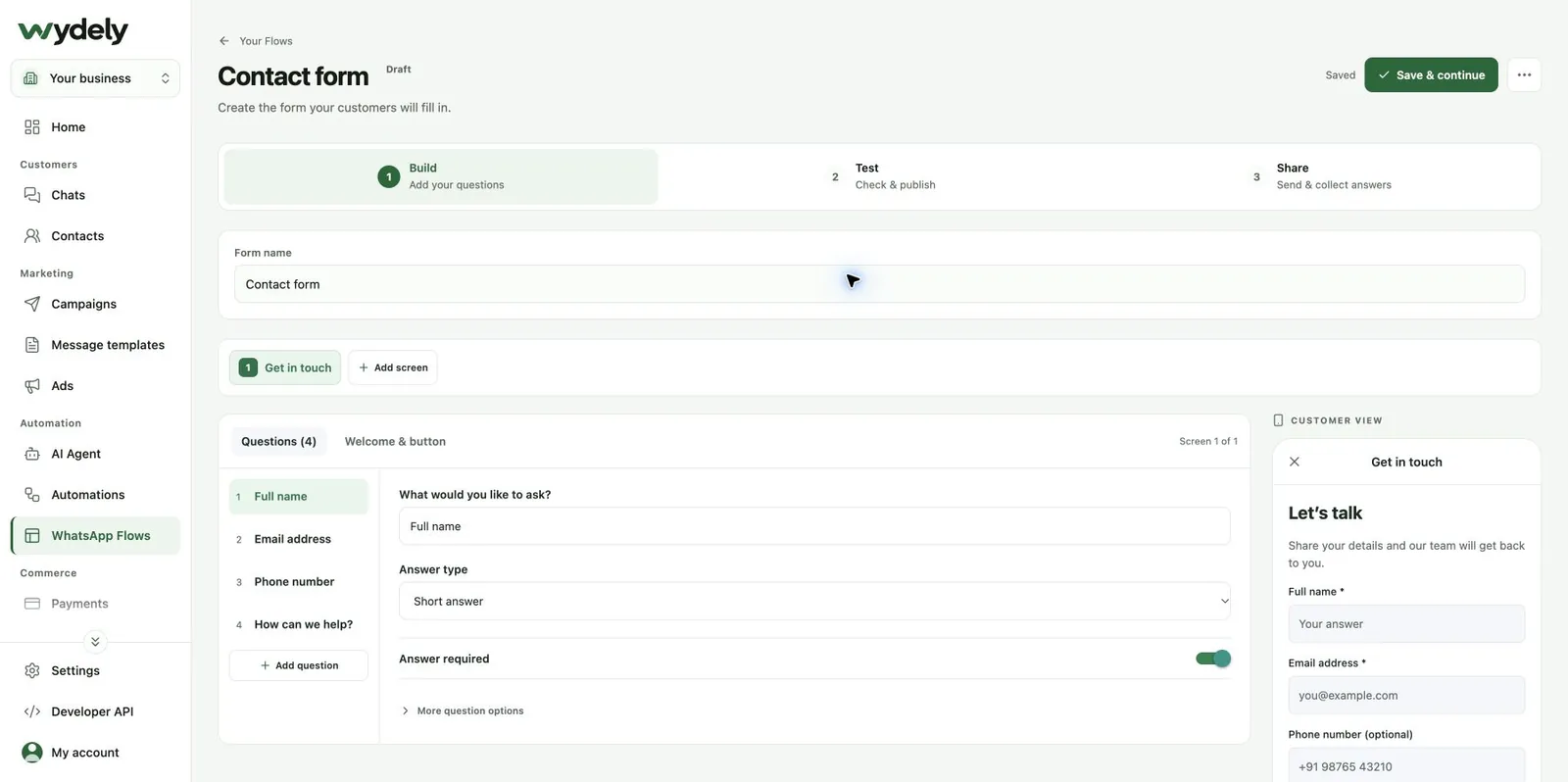 Wydely WhatsApp form builder with question controls and a customer preview